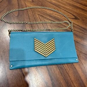 Moss Mills Floyd Clutch 11x6" Leather Brass Chevron Teal Blue Crossbody Bag